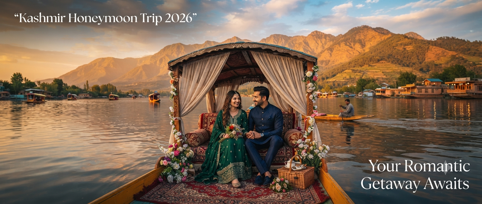 Kashmir honeymoon trip - romantic couple on shikara ride on Dal Lake at sunset with Nature Connect Travels