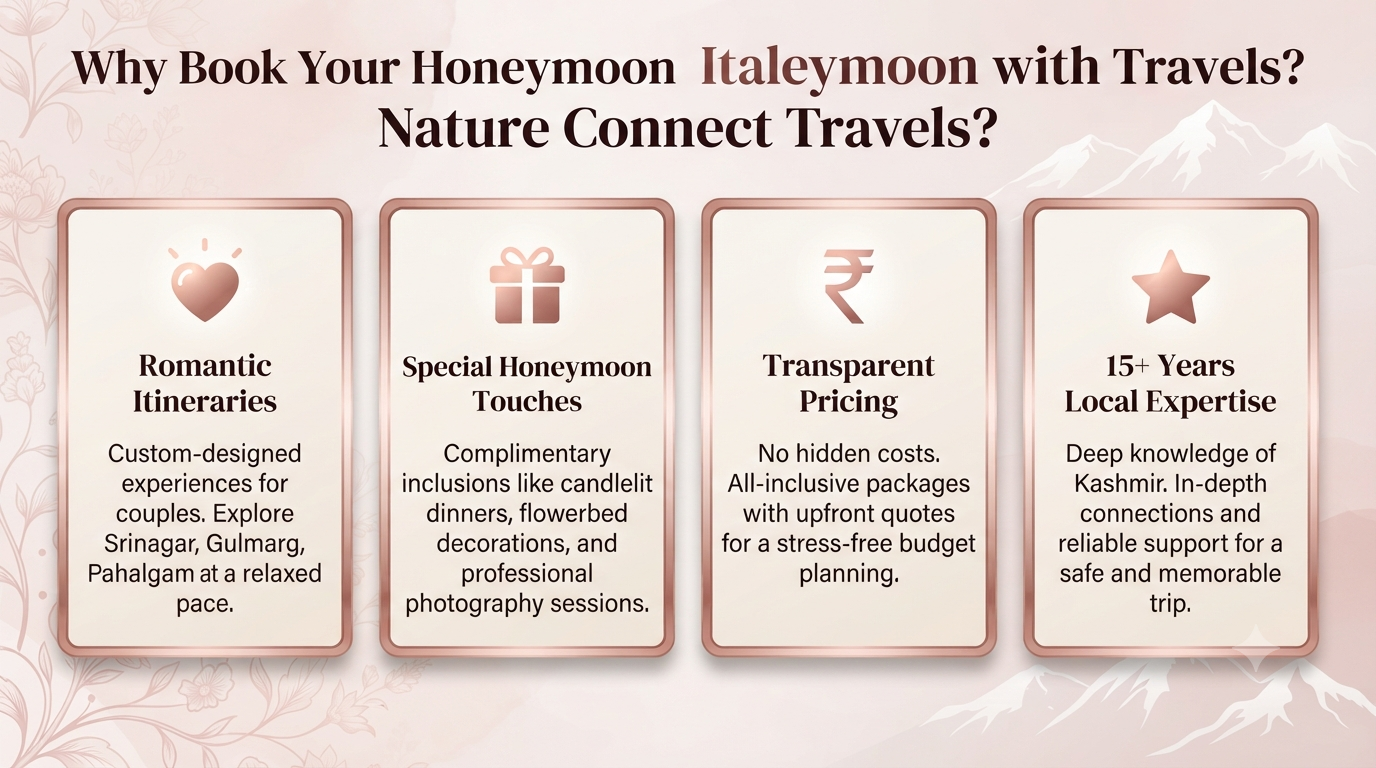 Kashmir Honeymoon Trip 2026 | ₹21,000+ | 6-7 Day Romantic Packages 10 Kashmir honeymoon trip - why choose Nature Connect Travels