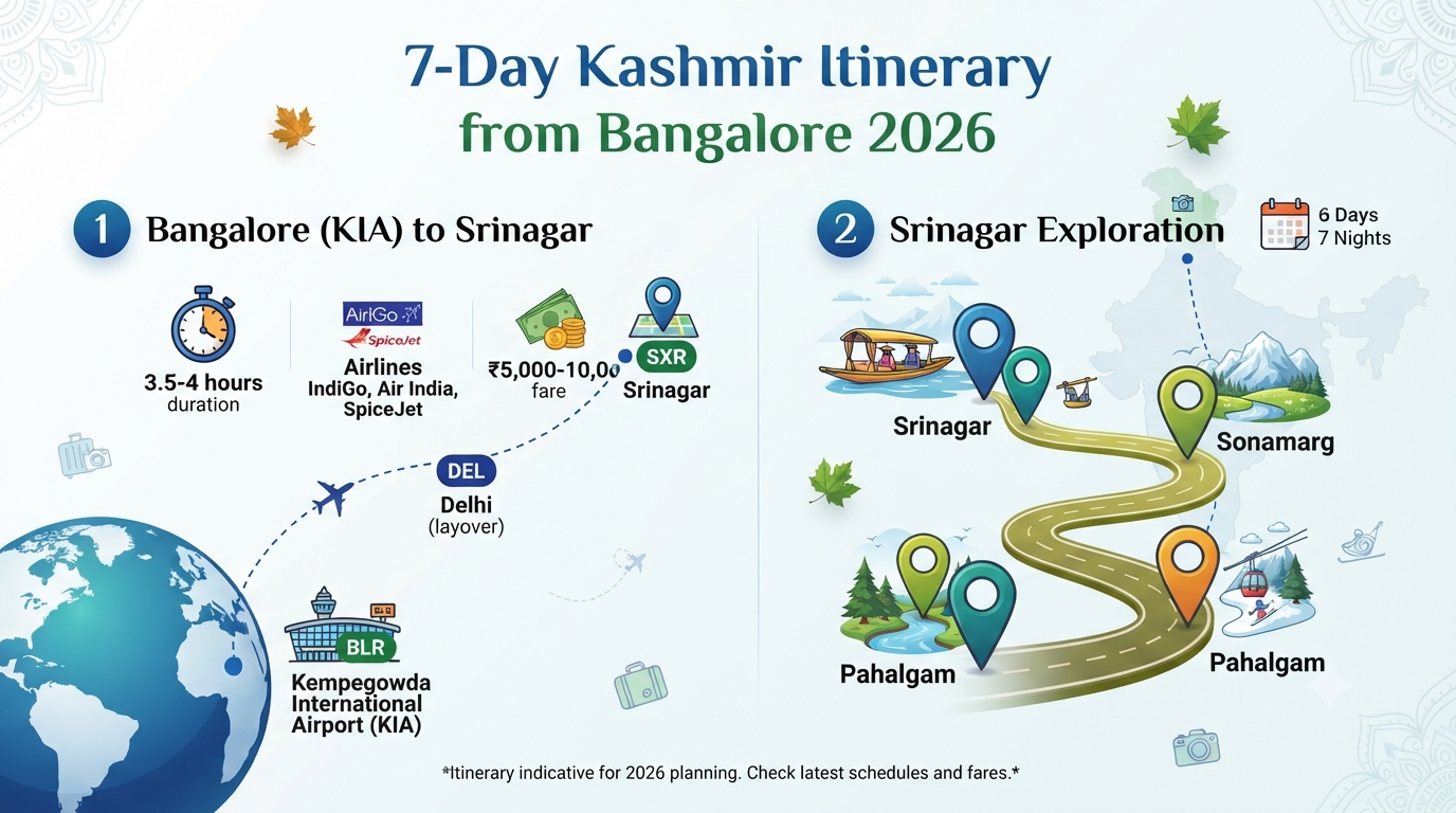 Kashmir Itinerary 6 Days 7 Nights from Bangalore 2026 | ₹18K-₹2.5L 8 Kashmir itinerary 6 days 7 nights from Bangalore - flight and tour overview infographic