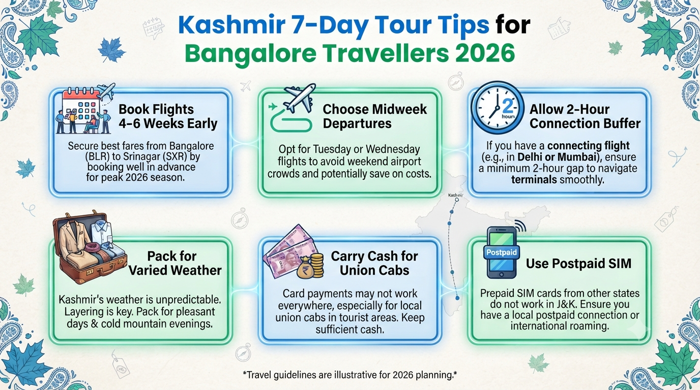 Kashmir Itinerary 6 Days 7 Nights from Bangalore 2026 | ₹18K-₹2.5L 11 Kashmir itinerary 6 days 7 nights from Bangalore - travel tips infographic