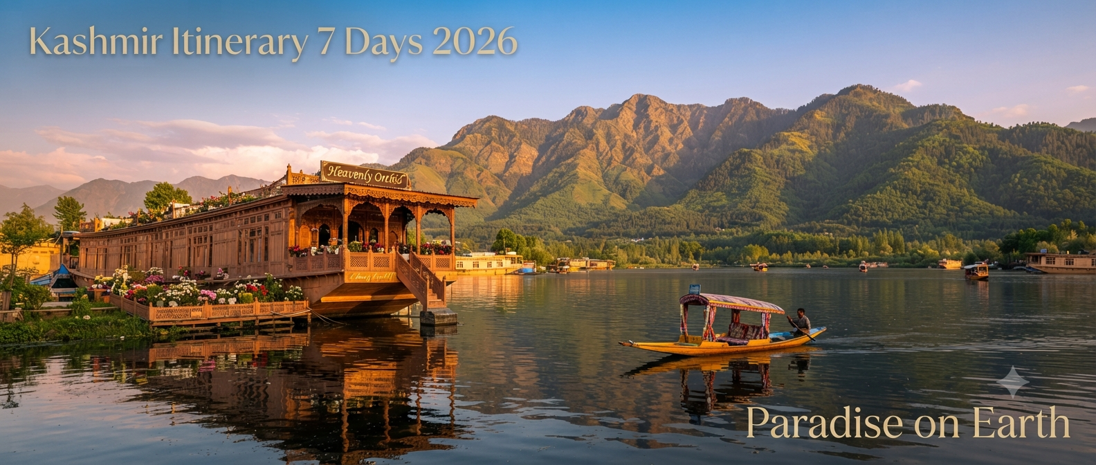 Kashmir itinerary 7 days - Dal Lake houseboat and shikara at sunset with Nature Connect Travels