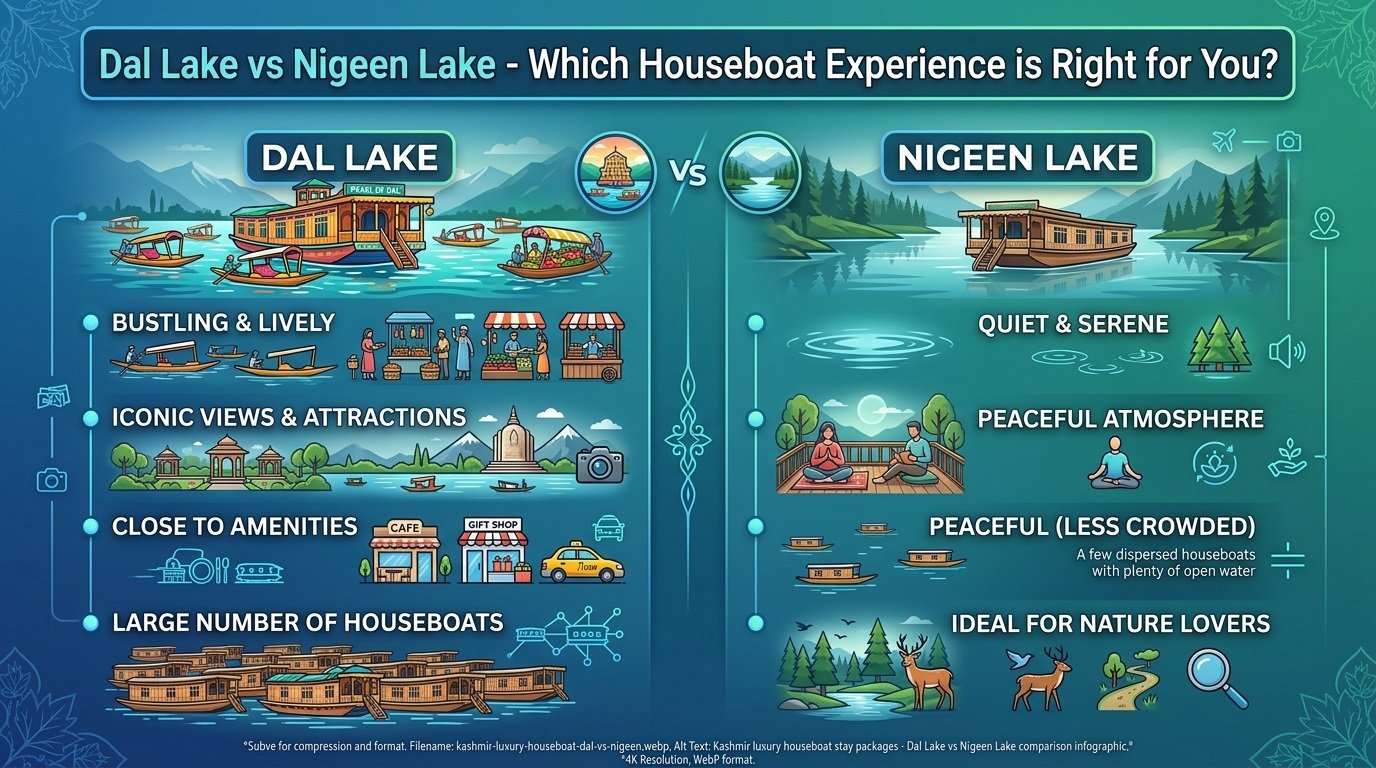 Kashmir luxury houseboat stay packages - Dal Lake vs Nigeen Lake comparison