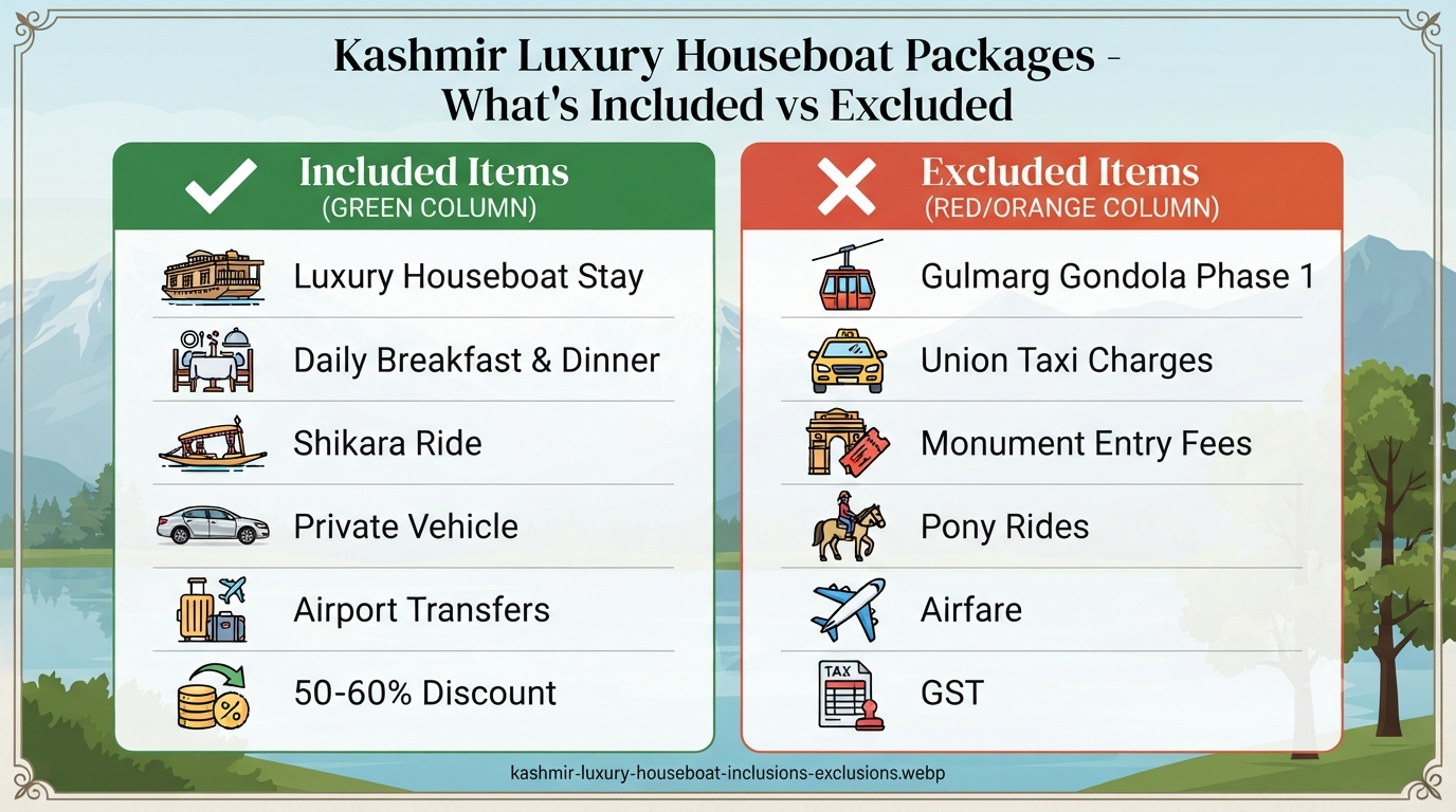 Kashmir luxury houseboat stay packages - inclusions vs exclusions