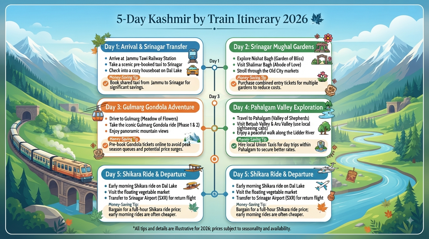Kashmir package by train price - 5-day train itinerary infographic