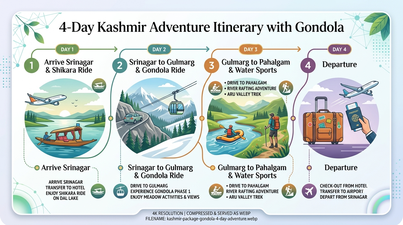 Kashmir Package with Gondola Tickets 2026 | ₹9,500+ | Phase 1 & 2 12 Kashmir package with Gondola tickets - 4-day adventure itinerary