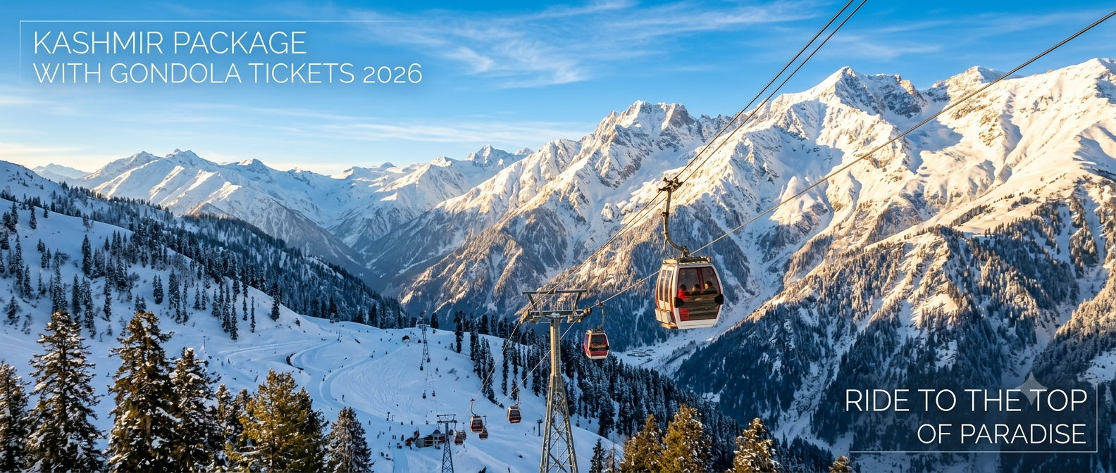 Kashmir package with Gondola tickets - Gulmarg Gondola cable car ascending through Himalayan peaks
