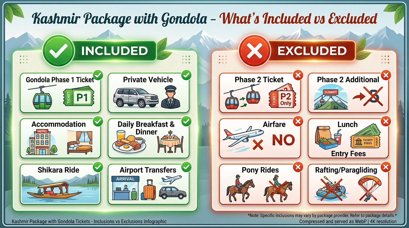Kashmir Package with Gondola Tickets 2026 | ₹9,500+ | Phase 1 & 2 13 Kashmir package with Gondola tickets - inclusions vs exclusions