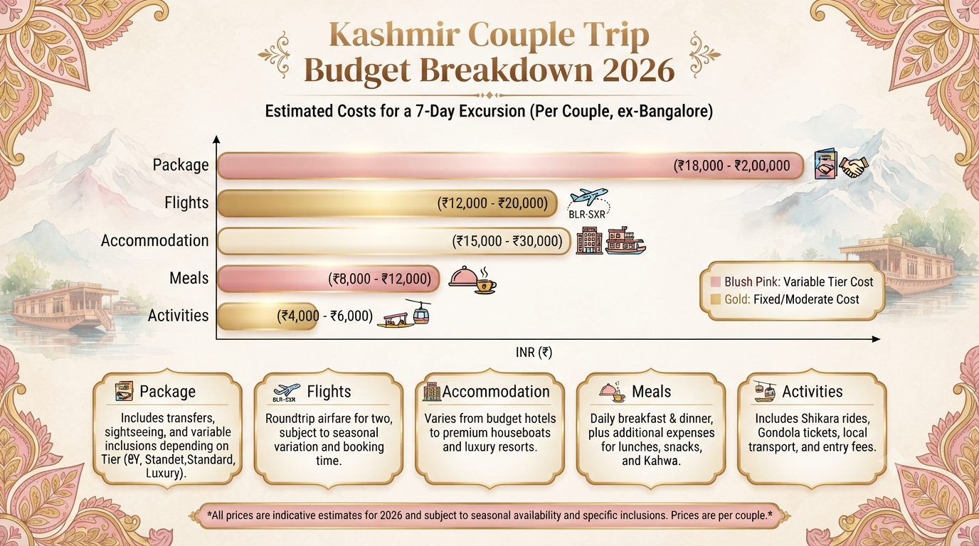 Kashmir Packages from Bangalore for Couples 2026 | ₹18K-1.4L 12 Kashmir packages from Bangalore for couples - budget breakdown infographic