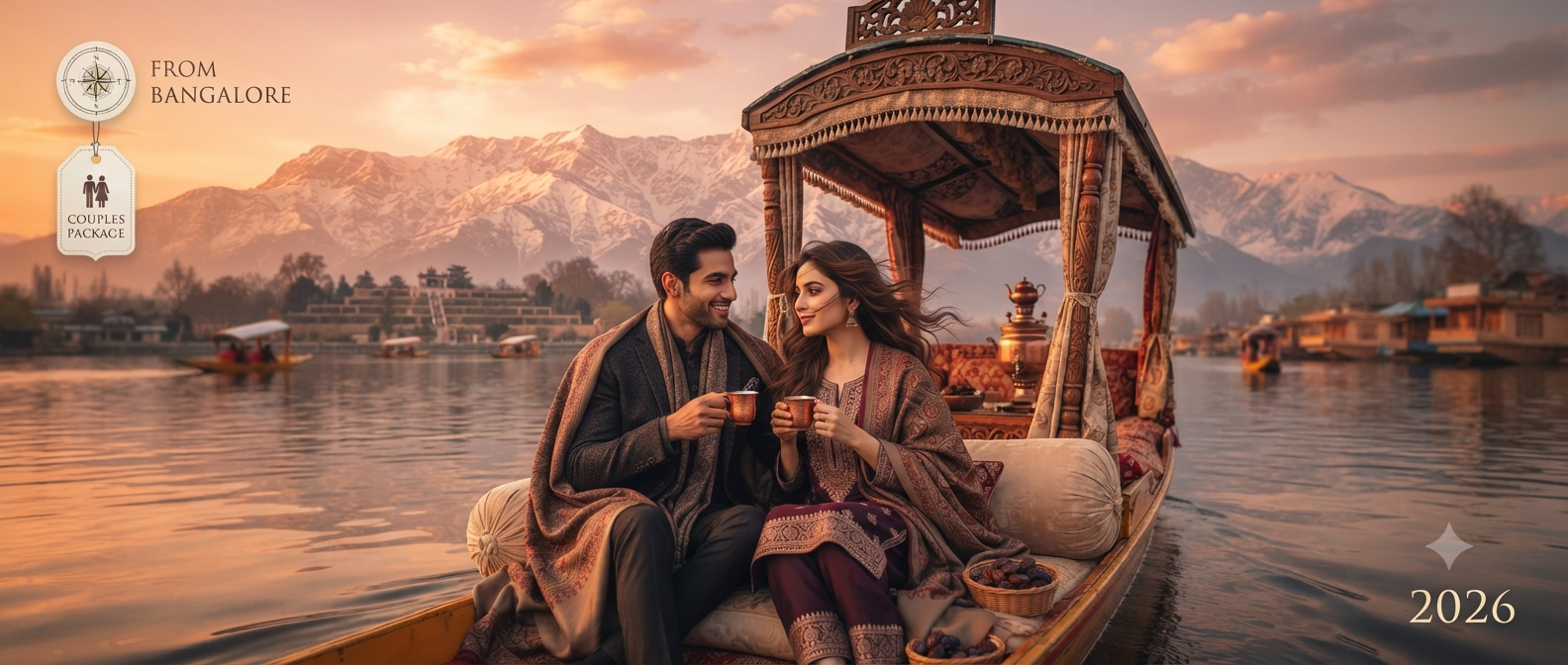 Kashmir packages from Bangalore for couples - romantic couple on shikara Dal Lake sunset with Nature Connect Travels