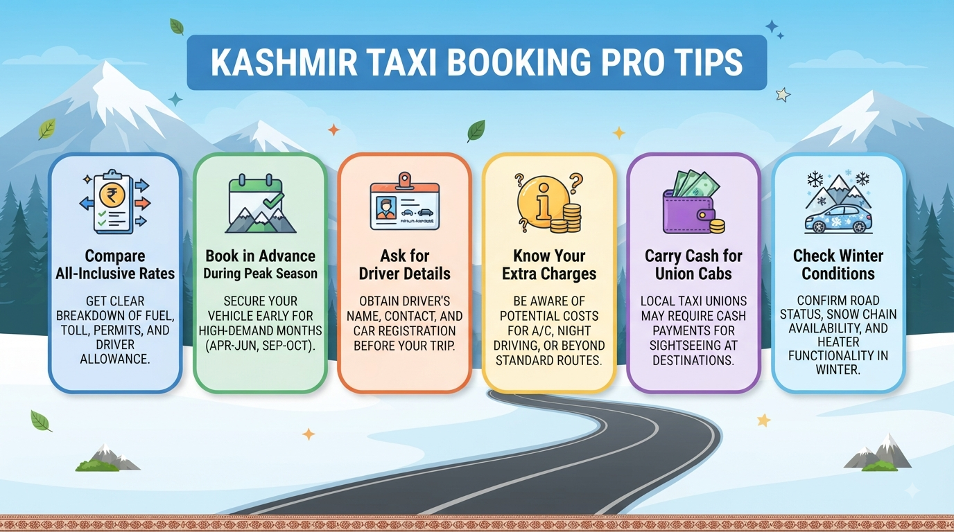 Kashmir Taxi Rates Per Day 2026 | ₹2,200/Day | Book Now 12 Kashmir taxi rates per day - booking tips infographic