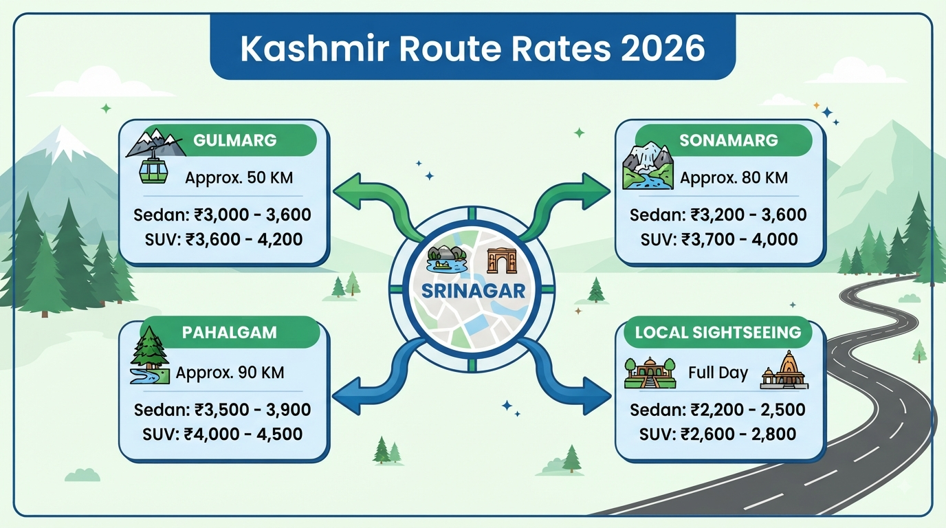 Kashmir Taxi Rates Per Day 2026 | ₹2,200/Day | Book Now 10 Kashmir taxi rates per day - route pricing infographic