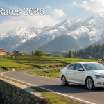 Kashmir taxi rates per day - sedan driving through scenic Kashmir valley