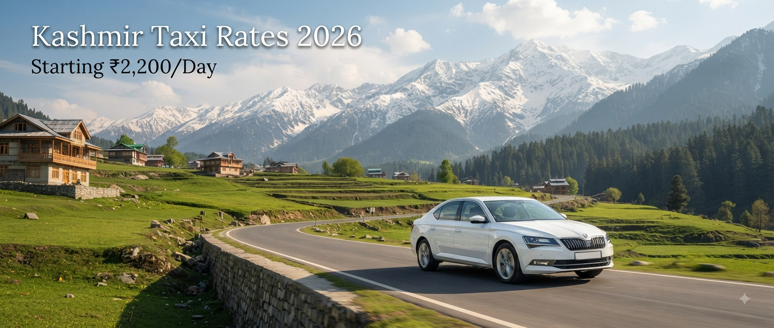 Kashmir taxi rates per day - sedan driving through scenic Kashmir valley
