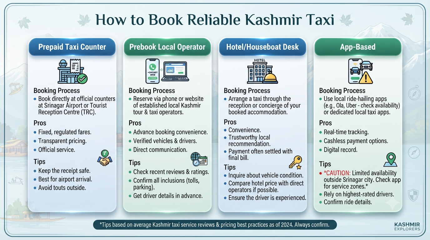 Kashmir taxi service reviews and pricing - booking methods infographic prepaid counter online operator hotel desk app