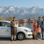 Kashmir taxi service reviews and pricing - professional driver with clean sedan at scenic Kashmir location Nature Connect Travels