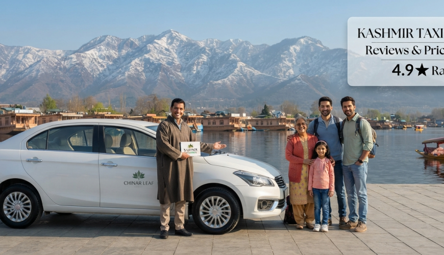 Kashmir taxi service reviews and pricing - professional driver with clean sedan at scenic Kashmir location Nature Connect Travels