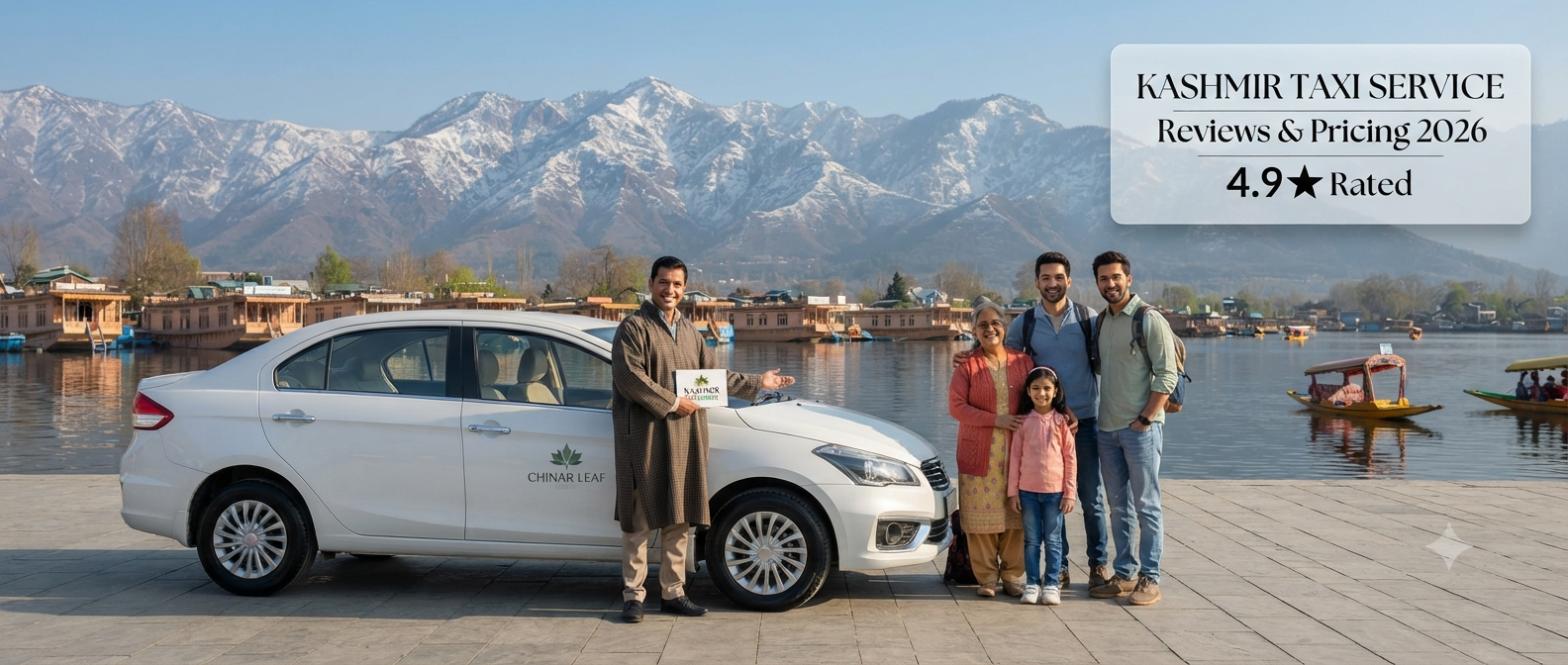 Kashmir taxi service reviews and pricing - professional driver with clean sedan at scenic Kashmir location Nature Connect Travels