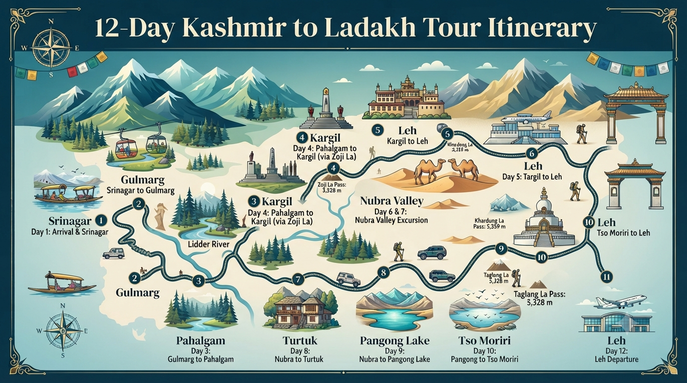 Kashmir to Ladakh tour packages - 12-day itinerary route map