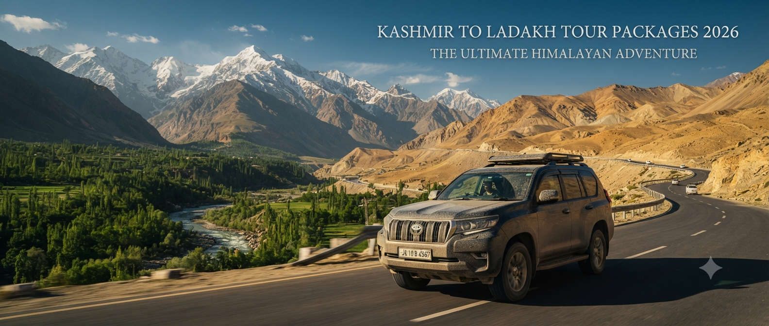 Kashmir to Ladakh tour packages - SUV driving through the Himalayan landscape from Kashmir to Ladakh with Nature Connect Travels