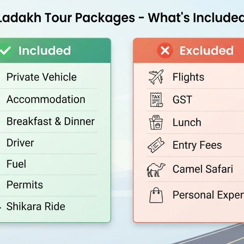 Kashmir to Ladakh tour packages inclusions vs exclusions
