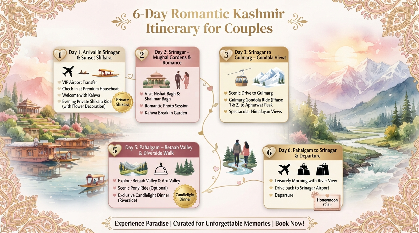 Kashmir tour package for 2 person price - 6-day romantic itinerary infographic