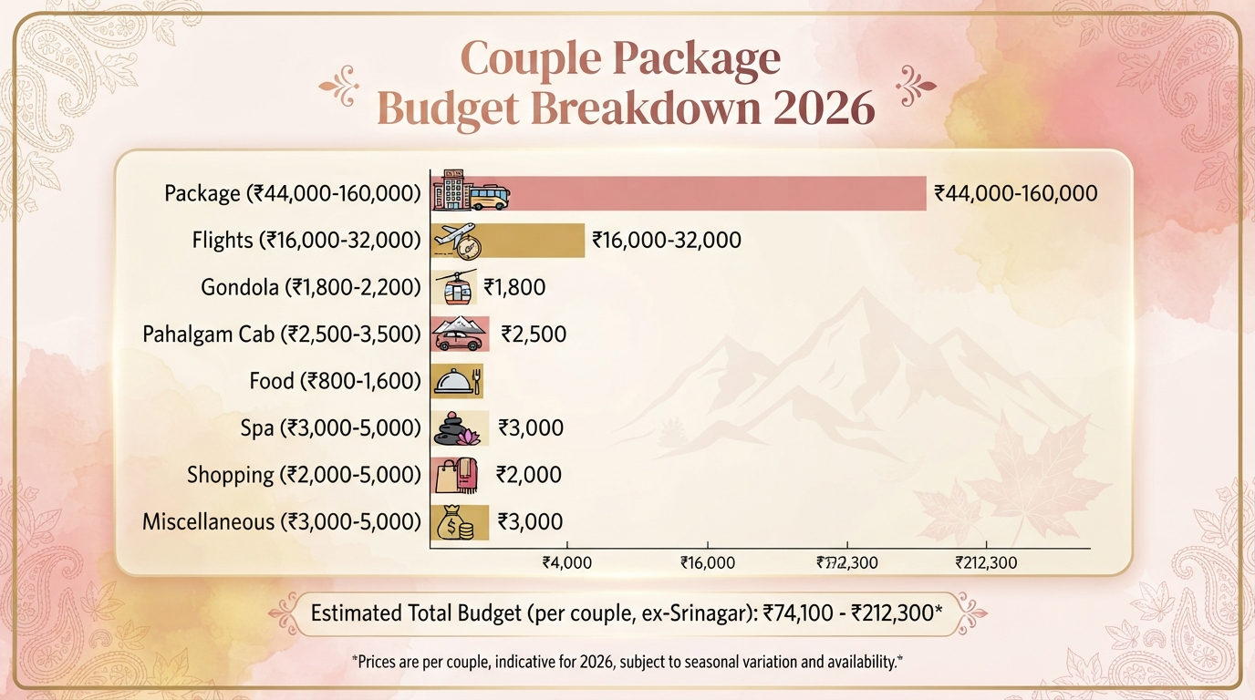 Kashmir tour package for 2 person price - budget breakdown infographic package flights gondola cab food spa