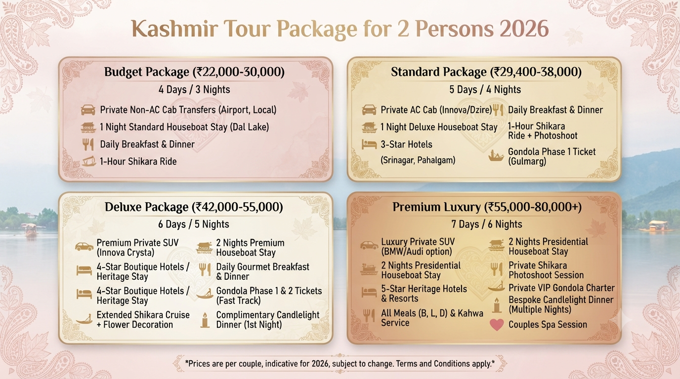 Kashmir tour package for 2 person price - package comparison infographic budget standard deluxe luxury