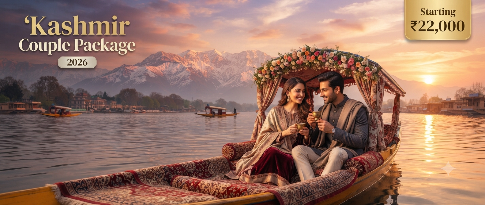Kashmir tour package for 2 person price - romantic couple on shikara Dal Lake sunset with Nature Connect Travels