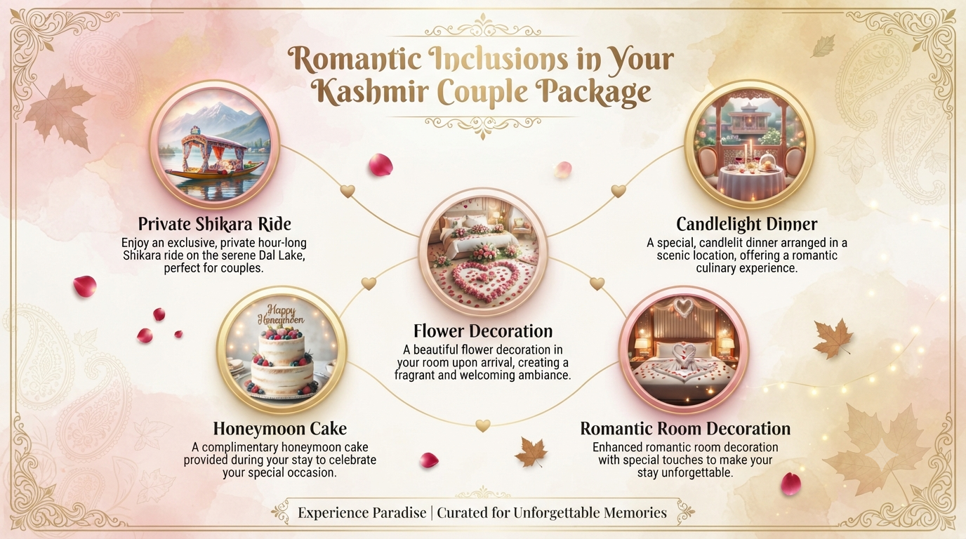 Kashmir tour package for 2 person price - romantic inclusions infographic shikara candlelight dinner flower decoration cake room decoration