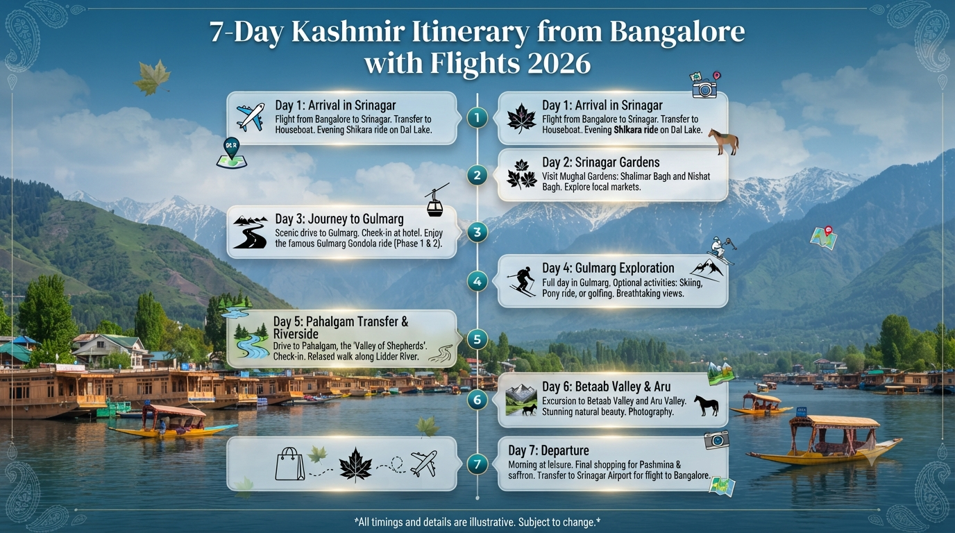 Kashmir tour package from Bangalore with flight - 7-day itinerary infographic