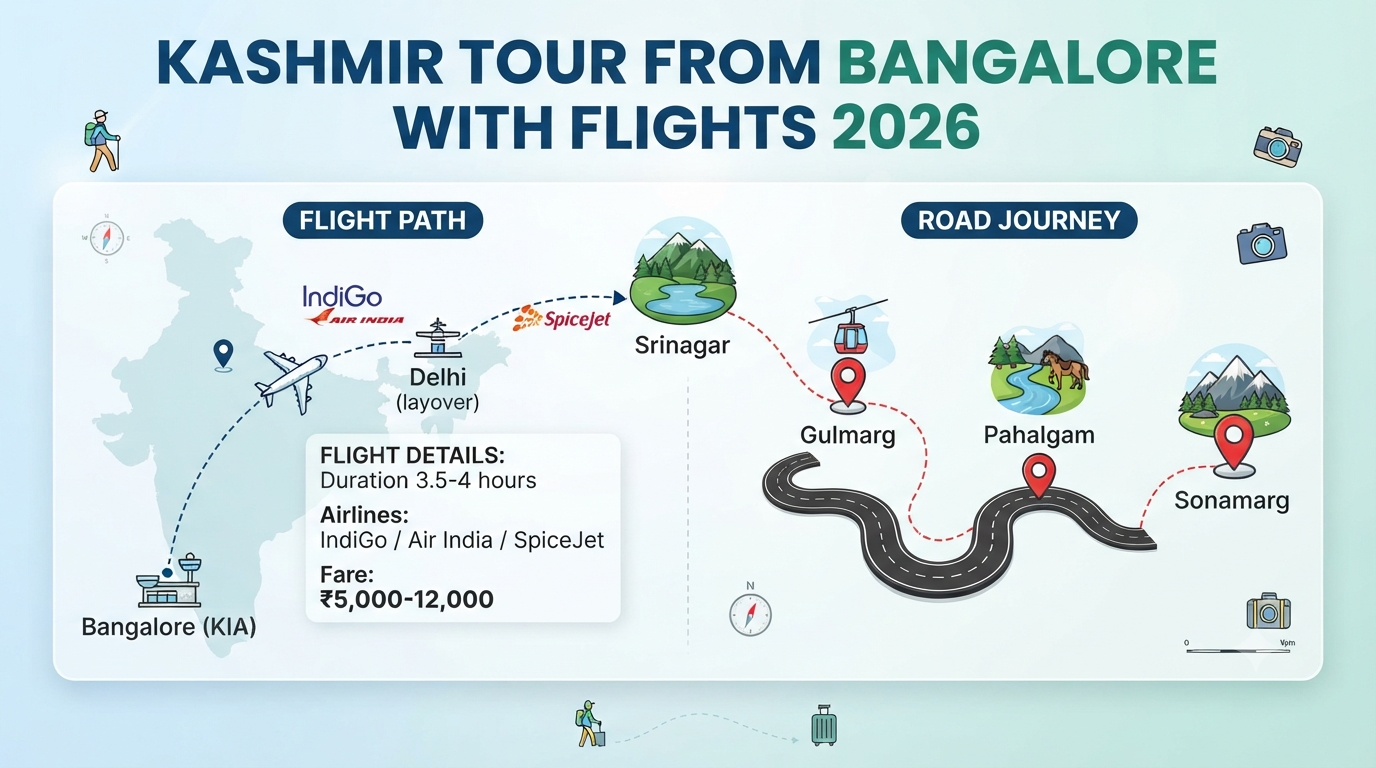 Kashmir tour package from Bangalore with flight - flight and tour overview infographic Bangalore to Srinagar route