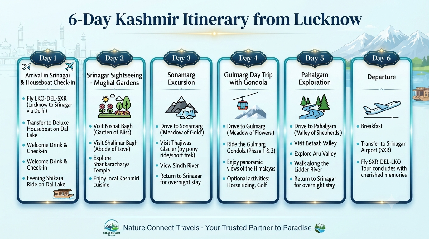 Kashmir Tour Package from Lucknow 2026 | ₹10,609+ | 6-8 Day Trips 14 Kashmir tour package from Lucknow - 6-day itinerary