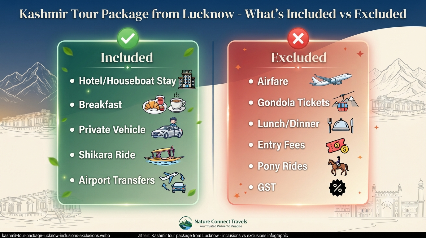 Kashmir Tour Package from Lucknow 2026 | ₹10,609+ | 6-8 Day Trips 16 Kashmir tour package from Lucknow - inclusions vs exclusions