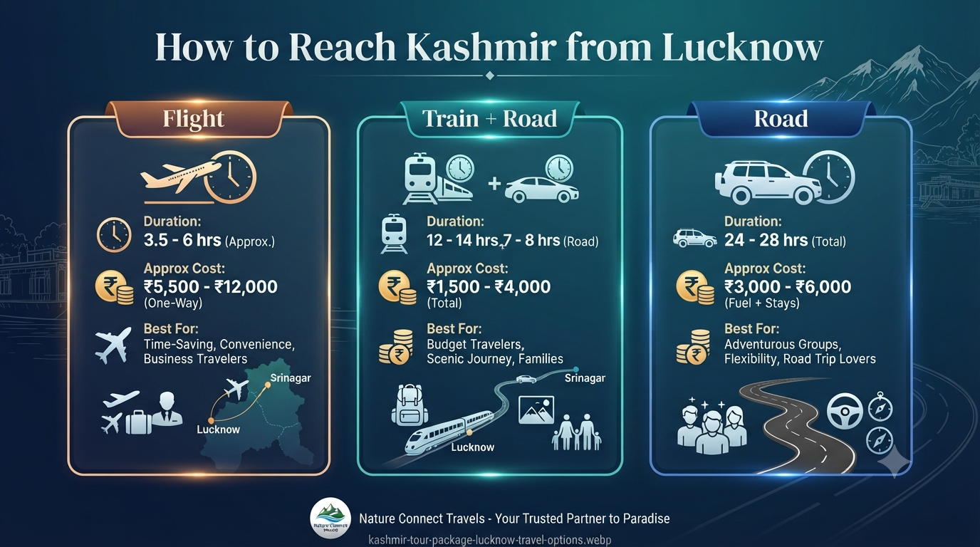 Kashmir Tour Package from Lucknow 2026 | ₹10,609+ | 6-8 Day Trips 12 Kashmir tour package from Lucknow - travel options
