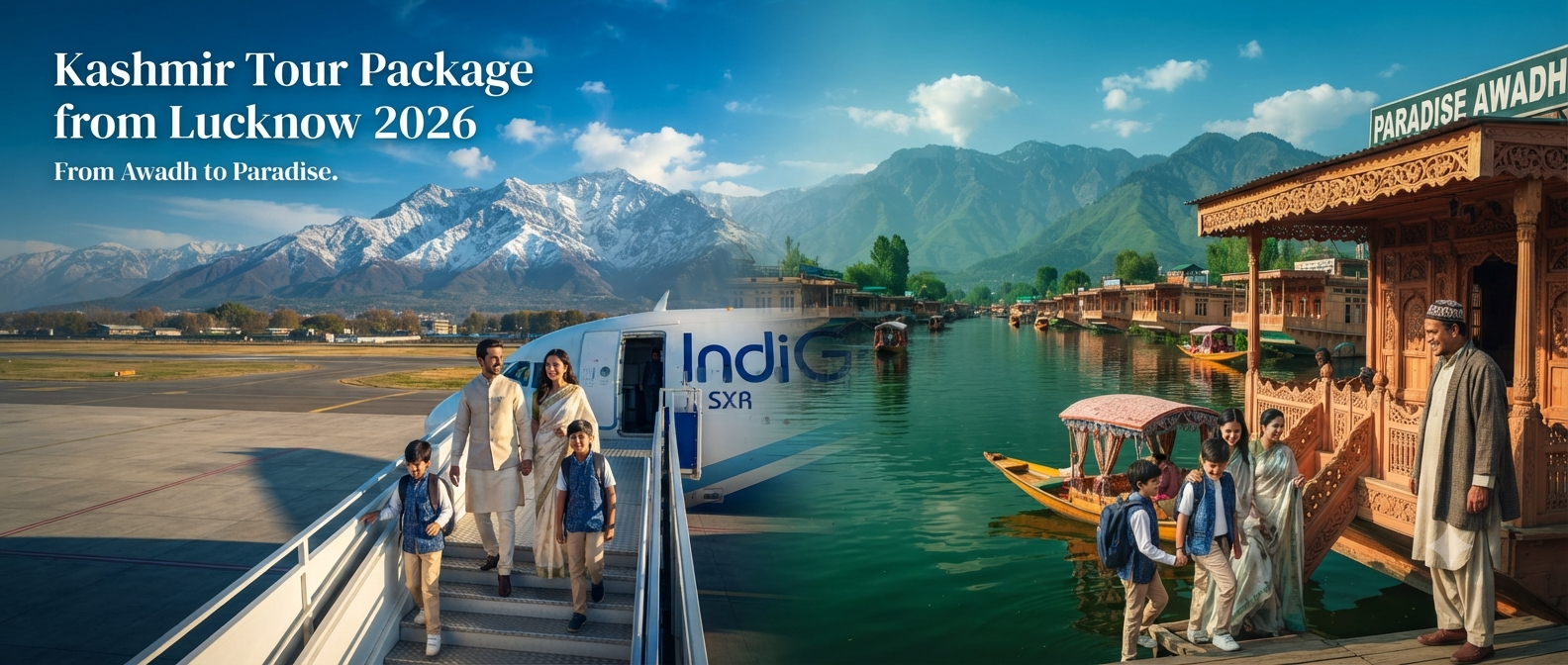 Kashmir tour package from Lucknow - travelers arriving in Srinagar with houseboat on Dal Lake