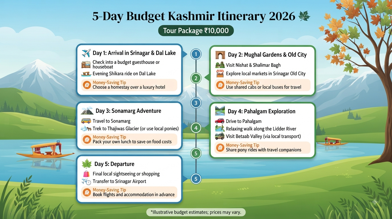 Kashmir tour package under 10000 - 5-day budget itinerary infographic