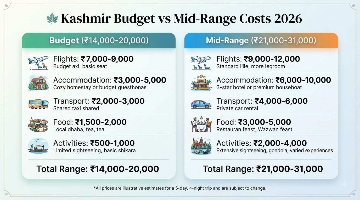 Kashmir tour package under 10000 - budget vs mid-range cost comparison infographic