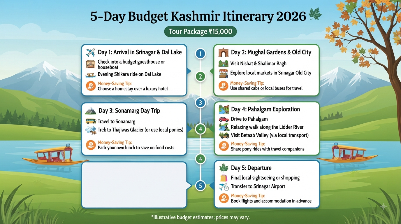 Kashmir Tour Package Under 15000: Budget Guide 2026 | ₹12,800 11 Kashmir tour package under 15000 - 5-day budget itinerary infographic