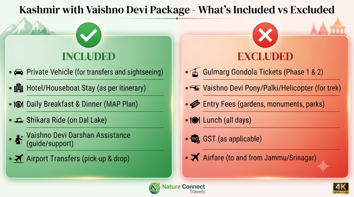 Kashmir tour package with Vaishno Devi - inclusions vs exclusions