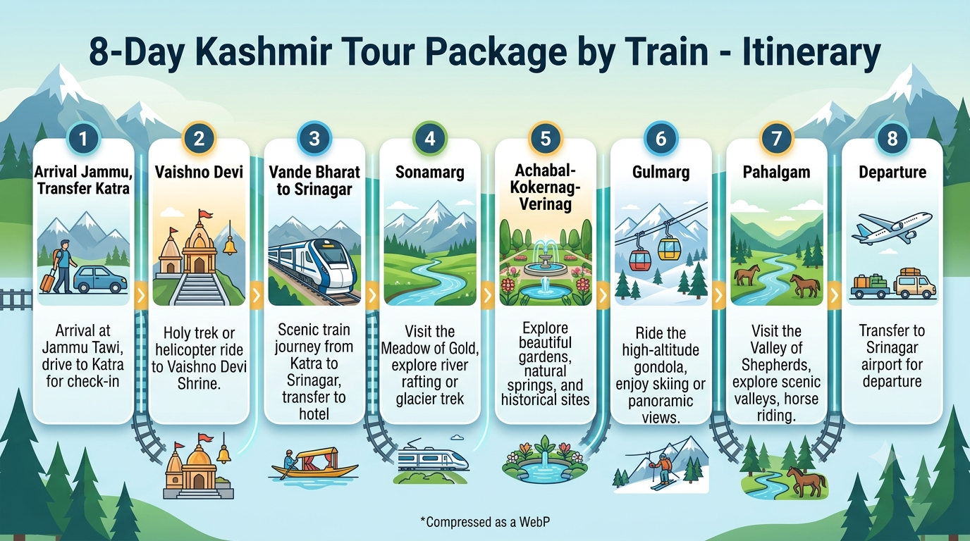 Kashmir Tour Packages by Train 2026 | ₹42,400+ | Vande Bharat & Bharat Gaurav 14 Kashmir tour packages by train - 8-day itinerary