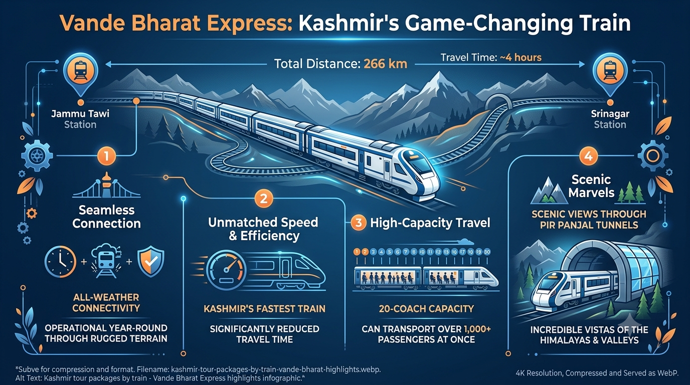 Kashmir Tour Packages by Train 2026 | ₹42,400+ | Vande Bharat & Bharat Gaurav 12 Kashmir tour packages by train - Vande Bharat Express highlight