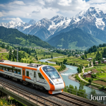 Kashmir tour packages by train - Vande Bharat Express traveling through the scenic Kashmir Valley