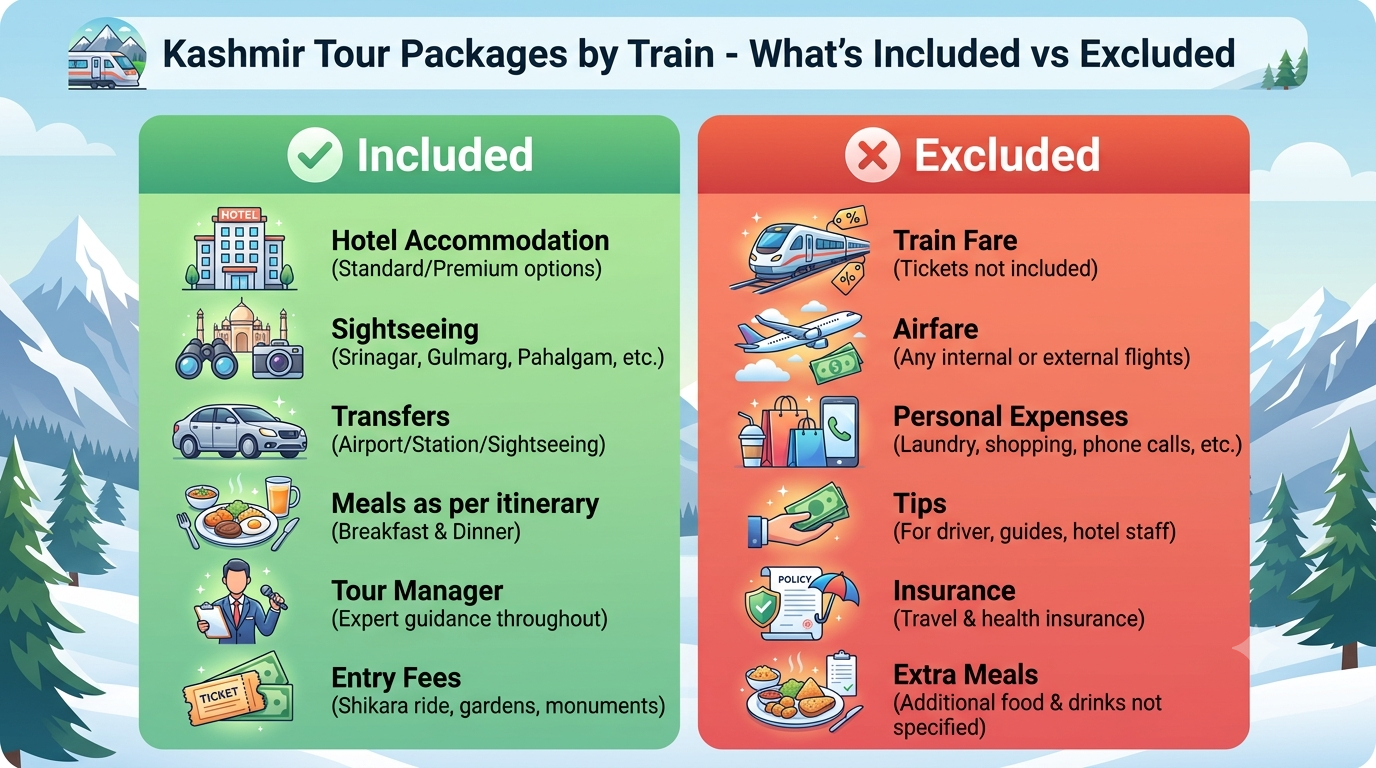 Kashmir Tour Packages by Train 2026 | ₹42,400+ | Vande Bharat & Bharat Gaurav 15 Kashmir tour packages by train - inclusions vs exclusions