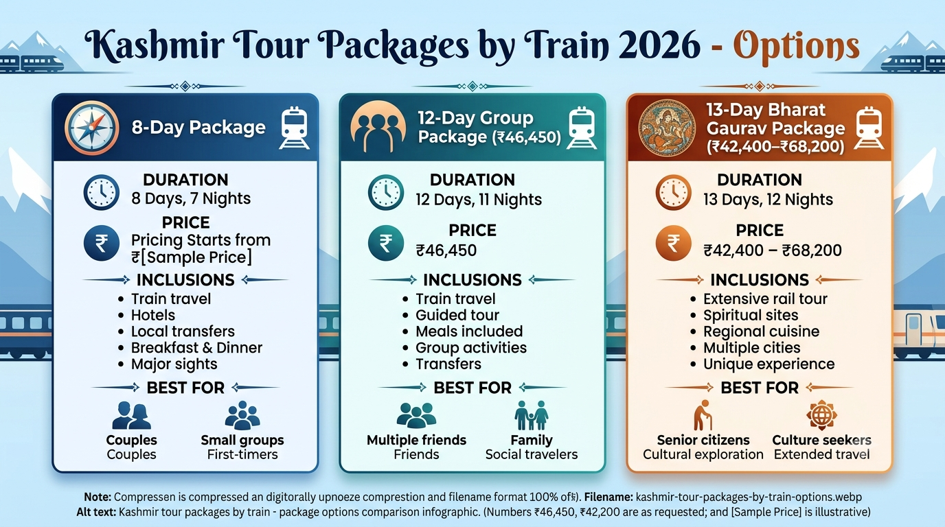 Kashmir Tour Packages by Train 2026 | ₹42,400+ | Vande Bharat & Bharat Gaurav 13 Kashmir tour packages by train - package options comparison
