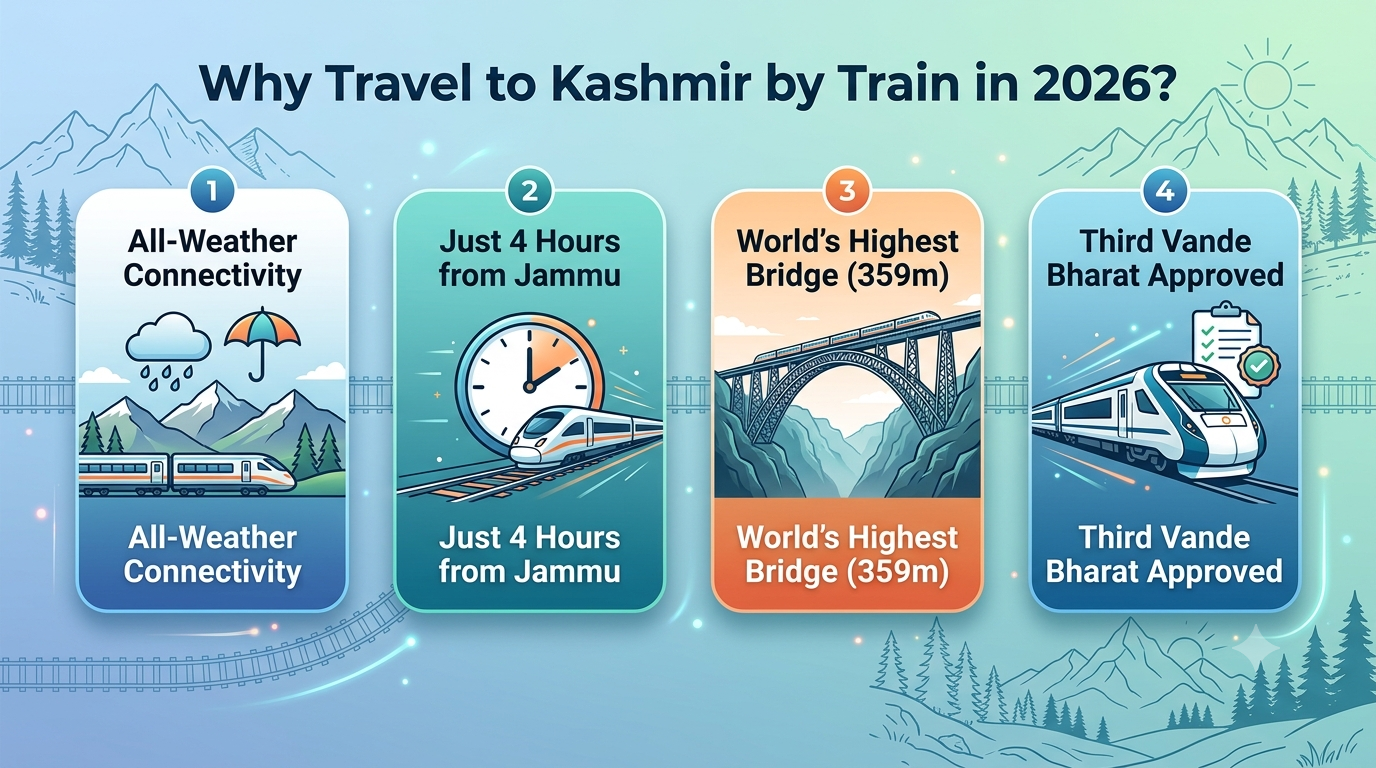 Kashmir Tour Packages by Train 2026 | ₹42,400+ | Vande Bharat & Bharat Gaurav 11 Kashmir tour packages by train - train travel benefits
