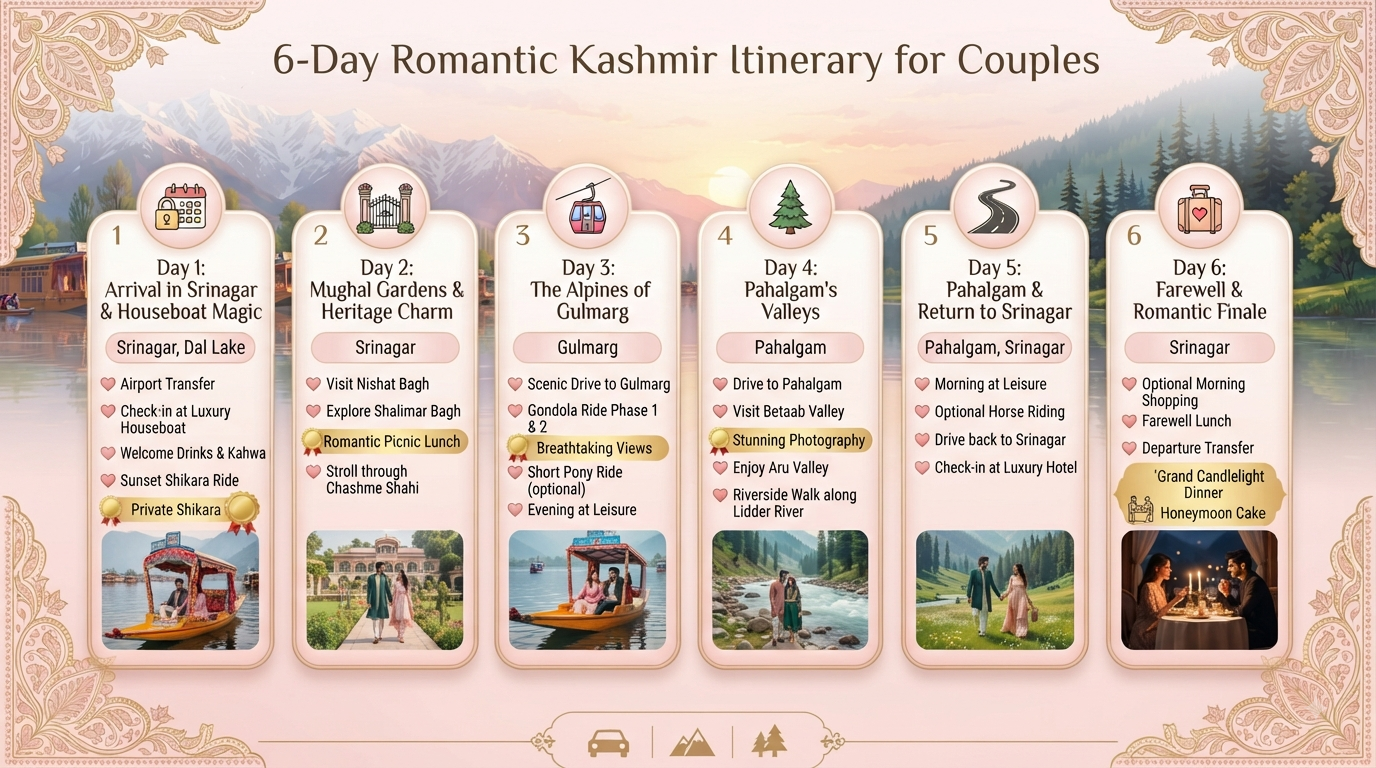 Kashmir Tour Packages for Couple 2026 | Starting ₹22,000 12 Kashmir tour packages for couple - 6-day romantic itinerary infographic
