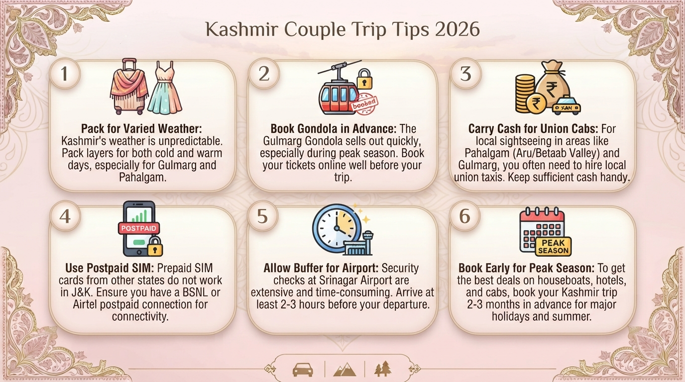 Kashmir Tour Packages for Couple 2026 | Starting ₹22,000 15 Kashmir tour packages for couple - essential travel tips infographic