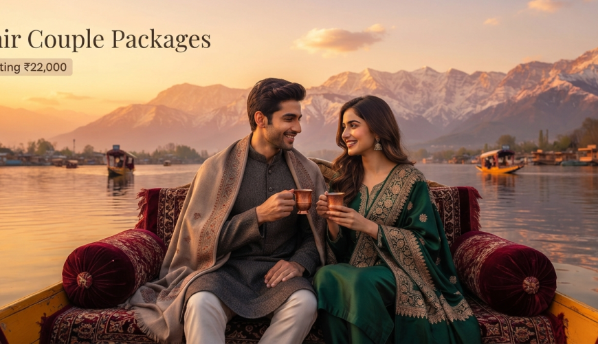 Kashmir tour packages for couple - romantic couple on shikara Dal Lake sunset Nature Connect Travels