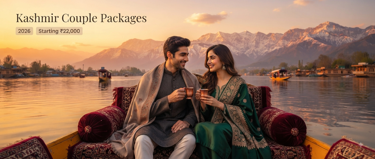 Kashmir tour packages for couple - romantic couple on shikara Dal Lake sunset Nature Connect Travels