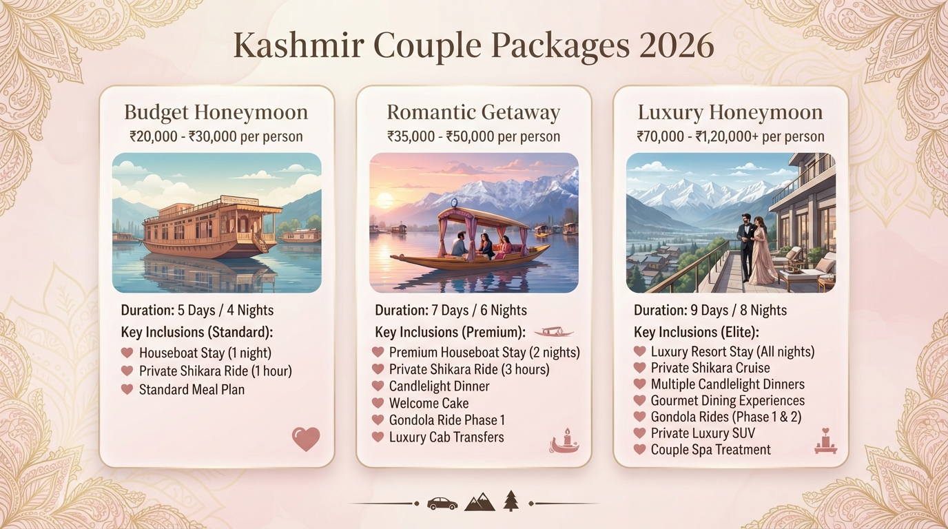 Kashmir Tour Packages for Couple 2026 | Starting ₹22,000 10 Kashmir tour packages for couple - romantic package comparison infographic budget mid-range luxury